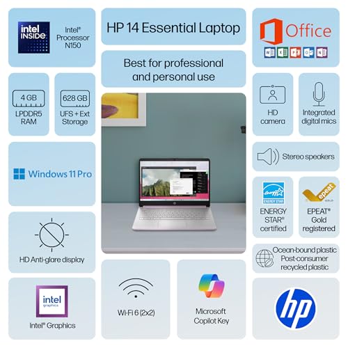 HP 14” Ultra Light Thin Laptop Computer 2026 Premium, MS Office, Copilot AI, 4-Core Intel CPU, 4GB DDR5 RAM, 628GB Storage (128GB UFS+500GB Ext), Long Battery, MarxsolAccessory, Win 11 Pro, Lavender