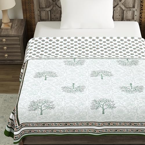 Image of BLOCKS OF INDIA Hand Block Printed Cotton Single Size Reversible Malmal Dohar for Summer (Green Yellow Tree)