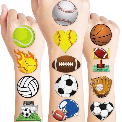 60 PCS Sports Ball Pre-Cut Temporary Tattoos Themed Birthday Party Decorations Favors Supplies Decor Basketball Football Baseball Soccer Tattoo Stickers Gifts For Boys Girls Class Prizes Carnival