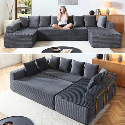 Image of Oversized Cloud Boneless Couch with Chaise, 145 inch Modern U Shape Modular Deep Seat Sectional Sofa, Comfy Corduroy Upholstered Couches for Living Room, No Assembly Required, Grey