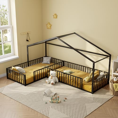 LUMISOL L-Shaped Double Floor Bed for 2 Kids Twin Size Metal Corner House Bed Frame with Fence Without Slats Black