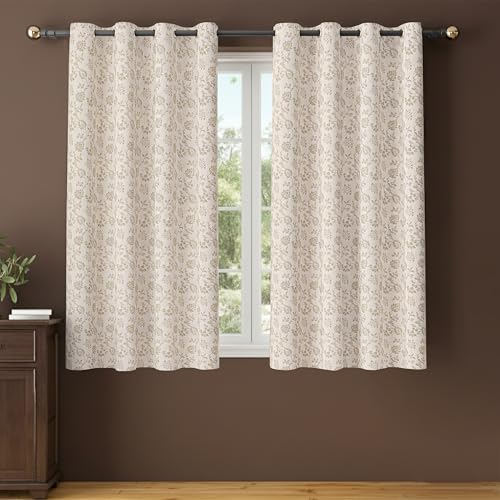 Image of Yellow Weaves 2 Pcs Jacquard Botanical Eyelet Window Curtain - Perfect for Home, Office, Bedroom, Living Room & Balcony - 5 Feet (Beige)