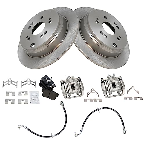 Image of TRQ Rear Brake Pad and Rotor Set Semi Metallic Rotors Calipers Hoses | For 2007-2011 Honda CR-V