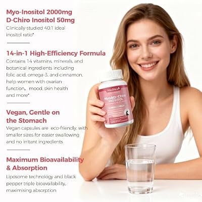 Myo-Inositol & D-Chiro Inositol Supplement for Women, 14-in-1 Liposomal Inositol with Folic Acid,Omega-3 & Multivitamin for Hormone Balance, Support Ovarian, Skin & Mood, 120 Vegan Capsules