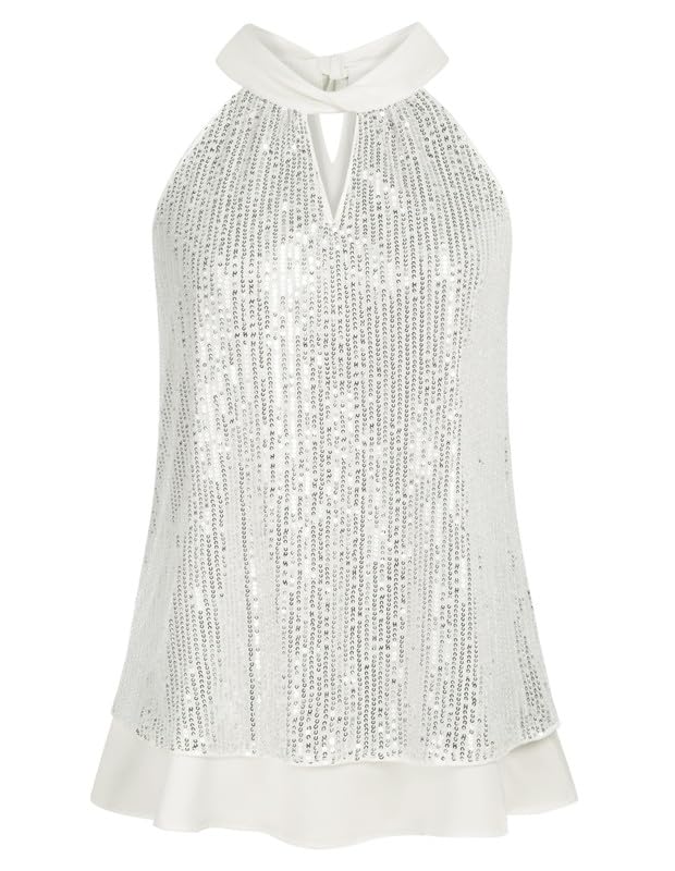 JASAMBAC Top da donna con paillettes glitterate, senza maniche, con foro della serratura e nodo