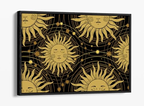 Toile mystique soleils dorés cadre noir 76x50 cm pour décoration murale élégante