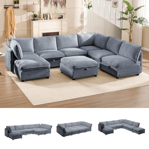 FIRLZY Oversized Modular 8 Seater Sofa with Removable Covers and Storage, Convertible U, L-Shaped and Sleeper Sectional, Modern Corduroy Couches with Ottoman Chaise, Gray