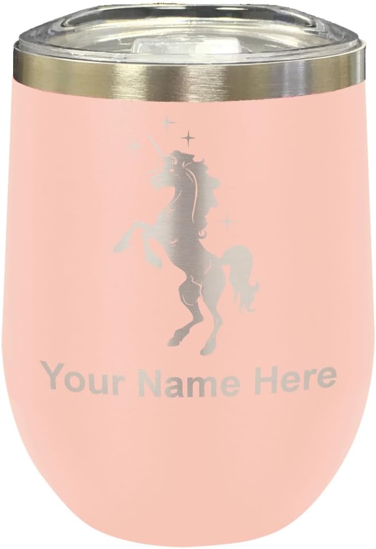 LaserGram 16oz Double Wall Stainless Steel Wine Glass Tumbler, Unicorn, Personalized Engraving Included (Dark Purple)