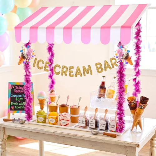 Chunm 7 Pcs Ice Cream Bar Stand Supplies Ice Cream Bar Cart Party Decoration with 1 Set Plastic Stand 1 Pink and White Sunshade Cloth 4 Pink Tinsel 1 Banner for Icecream Party Supplies Bakery Backdrop