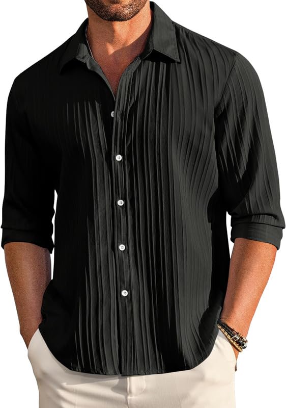 Men’s Textured Cotton Blend Casual Shirt | Stylish Vertical Crinkle Pattern | Comfortable Regular Fit Shirt with Full Sleeves | Trendy Everyday Wear for Office & Outings