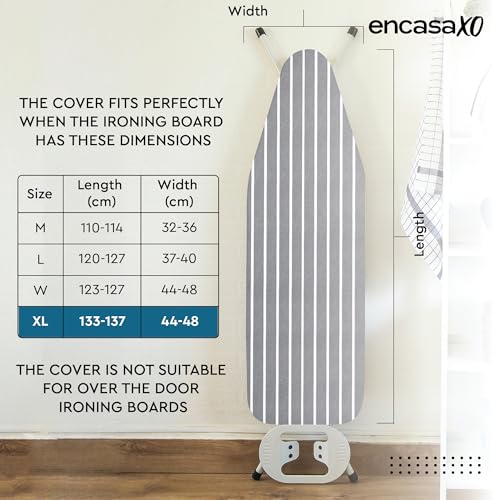 Image of Encasa XO Ironing Board Covers and Pad - 135x45 cm Fits X-Large Iron Boards, Thick 4mm Felt, Elasticated Fit, Heat & Scorch-Resistant, Elastic Bungee Cord Tightening & Lock Roma Grey Stripes