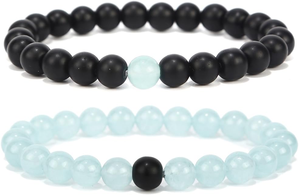 Black Matte Agate & Light blue 2Pcs His and Hers Bracelets 8mm Sandstone Couple Bracelet Distance Bracelets XIAOLI