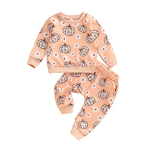 Image of LIOMENGZI Halloween Toddler Baby Girl Outfits Cute Pumpkin Sweatshirt Tops Warm Pants Set Infant Girl Fall Winter Clothes (Orange, 0-6 Months)