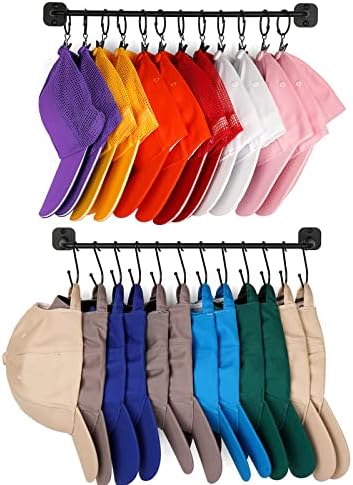 HYDERMUS Hat Rack for Wall 24 Baseball Caps, Modern Metal Hat Organizer with 12 Clips and 12 Hooks Hat Holder Wall-Mounted Storage Display for Closet Bedroom Entryway Laundry, 2 Pack Black