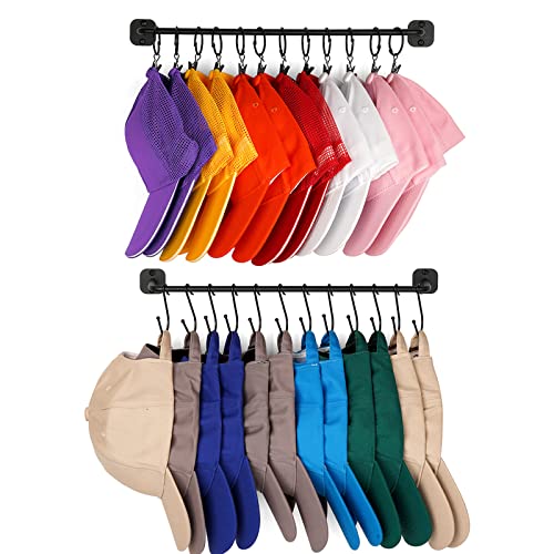 HYDERMUS Hat Rack for Wall 24 Baseball Caps, Modern Metal Hat Organizer with 12 Clips and 12 Hooks Hat Holder Wall-Mounted Storage Display for Closet Bedroom Entryway Laundry, 2 Pack Black