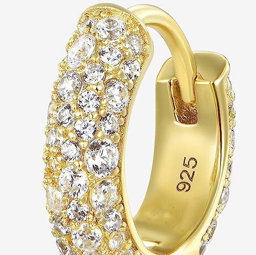 Yellow Gold Plated 925 Sterling Silver Hoop Earrings Flower Set 3d Fully Iced Cubic Zirconia CZ 12mm Unisex Ice Out Huggie Small Sparkle Silver Hoop Earrings Fine Jewelry Birthday Gifts for Men,Women3