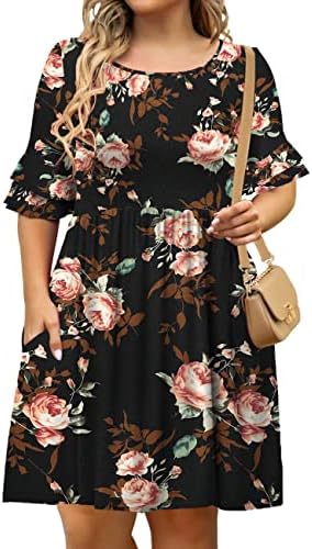 Tralilbee Women’s Plus Size Dress Short Sleeve Casual Pleated Swing Dress with Pockets,L-4XL