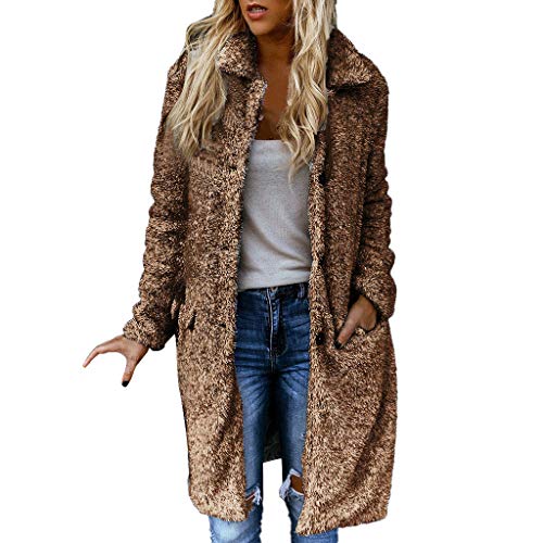 Dainzuy Women's Fuzzy Fleece Outwear Lapel Open Front Long Cardigan Coat Warm Winter Overcoat Jackets with Pockets Brown