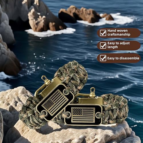 Patriotic Paracord Survival Bracelet for Men - Bronze US Flag Pendant Tactical Gear with Multi-Tool Functions, Adjustable Size (12-25cm), Green Camo Gold Thread Design - Image 6