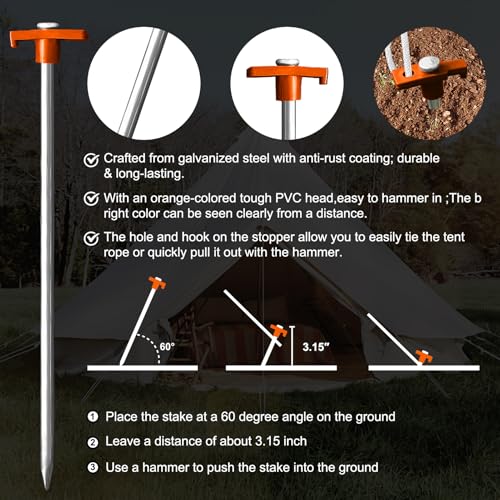 Image of Eurmax USA Hiking Camping Tent Stakes and Hammer Set Lightweight Multi-Function Tent Hammer with Tent Stake Remover,Tent Pegs for Camping, Hiking, Backpacking, Gardening(Orange Stopper Stakes)
