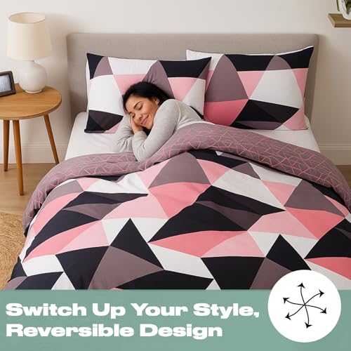 Dreamscene Geometric Shapes SINGLE Duvet Cover with Pillowcase Reversible Bedding Set, Black Grey White - Cosy Home Interiors Dreamscene Geometric Shapes SINGLE Duvet Cover with Pillowcase Reversible Bedding Set, Black Grey White - Image 2