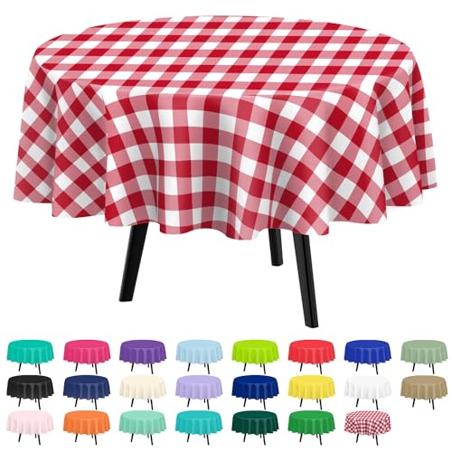QIKSION Red Gingham Round Tablecloth 2 Pack, 84 Inch Plastic Checkered Table Cover Disposable for Parties