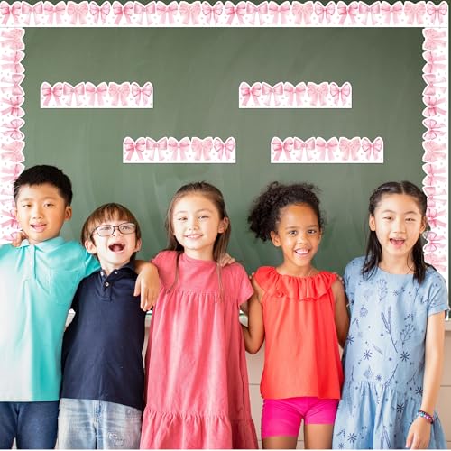 Image of BeYumi Pink Bows Border Trim - 65ft Back to School Watercolor Pink Bow Coquette Rolled Border Trim Pastel Watercolor Bulletin Board Classroom Office Chalkboard Kindergarten Elementary Home Party Decor