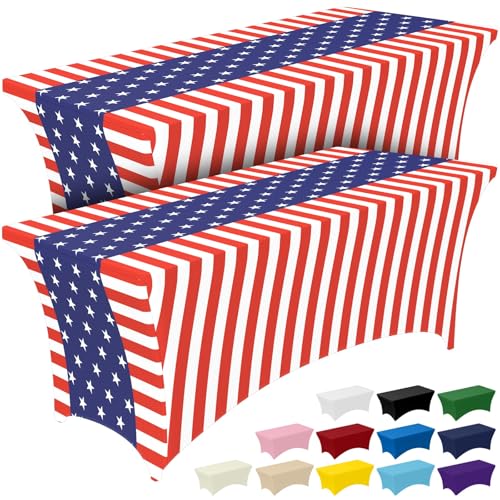 Image of Pureegg 4th of July USA 250th Anniversary Spandex Tablecloth 6ft - 2 Pack, Patriotic American Flag Fitted Stretch Table Cover for 6 ft Rectangle Table, Tablecloth for Independence Day Party
