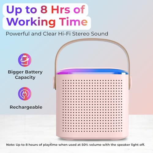 Image of Humble Kroko Series Mini Bluetooth Wireless Karaoke Speaker with 2 Mics, 8Hrs Playtime, RGB Lights (BT 5.3 /TF Card), Voice Effects, Multi-Play Modes, Type-C Charging for Kids & Home Parties - Pink