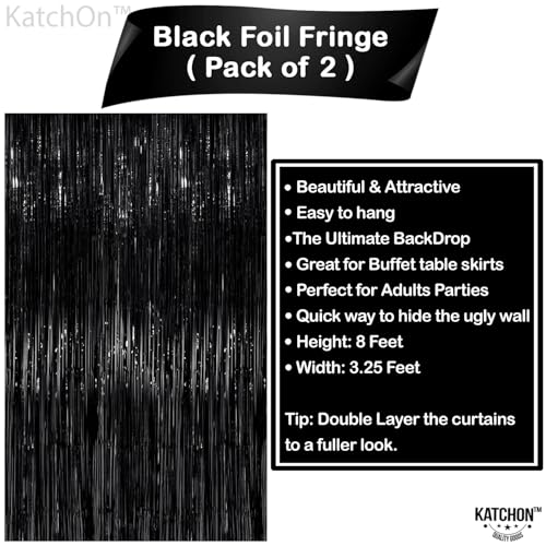 Image of KatchOn XtraLarge Black Fringe Backdrop - Pack of 2 | Black Streamers for Black Halloween Decorations | Tinsel Backdrop for Anniversary, Birthday, Bachelorette | Death to My 20s Decorations