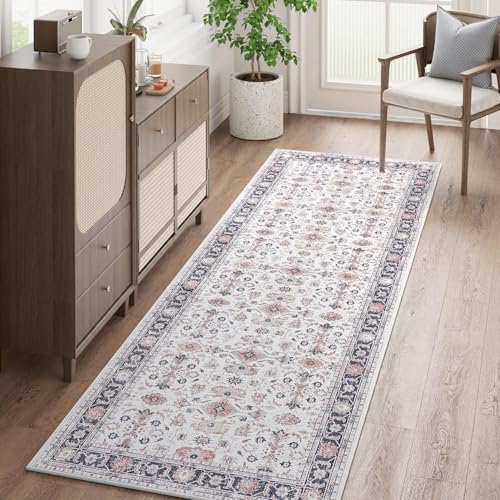 jinchan Runner Rug 2x6 Hallway Washable Vintage Rug Traditional Kitchen Runner Retro Floor Cover Thin Distressed Floral Print Carpet Indoor Mat Bathroom Bedroom Living Room Taupe