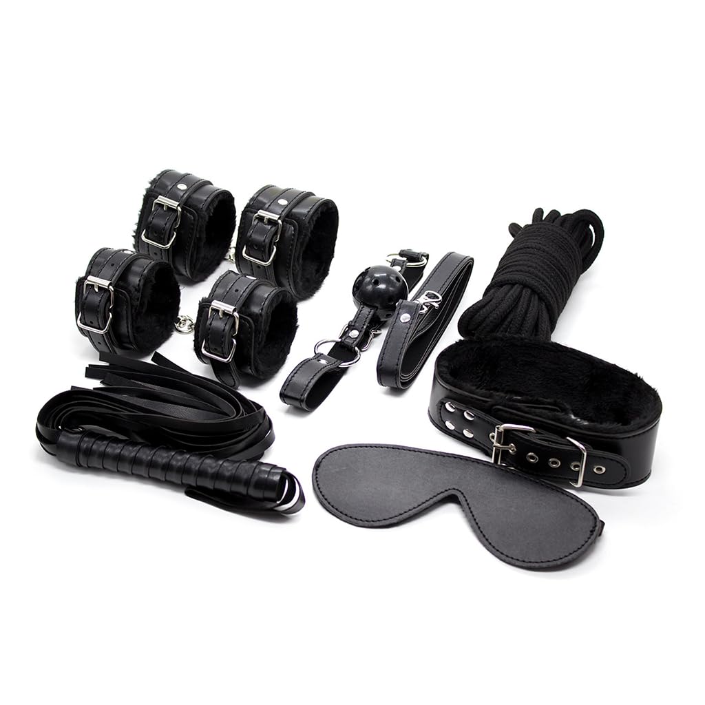 Platanomelón - Kit BDSM Antifaz, 2 Sets Esposas, Mordaza, Látigo y Cuerda de Restricción - Sao Negro