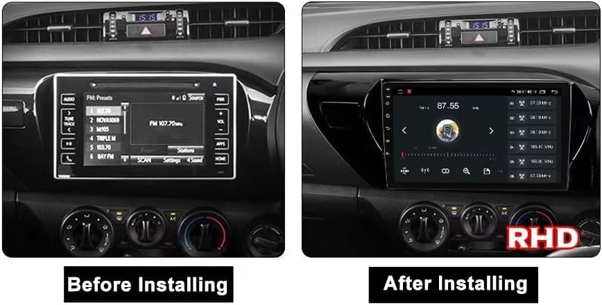 Comparison image showing a Toyota Hilux dashboard before and after installing the Biorunn Android Car Stereo.