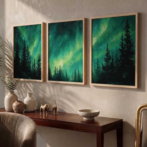 Image of kotart Big Aesthetic Nature Art Wall Framed Posters | Aurora Borealis Northern Lights View Framed Painting for Living Room Bedroom Wall Decor Set Of 3 (10X13 inch)