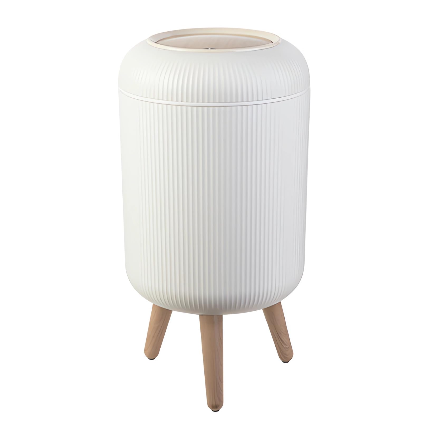 10L/2.6 Gallon,Bedroom Bin with Press Top Lid,Living Room Trash Can with Legs,Small Garbage Bin for Kitchen,Bathroom,Bedroom,Living Room,Office,Dog Proof,Toilet,Outdoor (White, Round with Stripe)