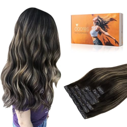 Image of DOORES Clip-in Hair Extensions, Natural Black to Light Blonde, 7pcs 14 Inch 130g, Seamless Remy Hair, Thick Straight Hair, Invisi Edge
