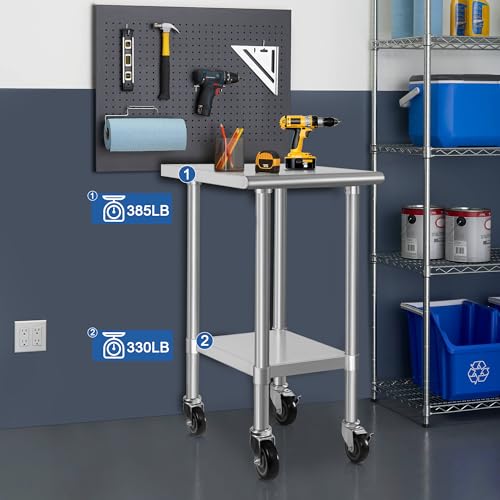 Image of HARDURA Stainless Steel Commercial Table Prep & Work Table with Casters Heavy Duty Metal Table with Wheels NSF 430 24x24 Inches