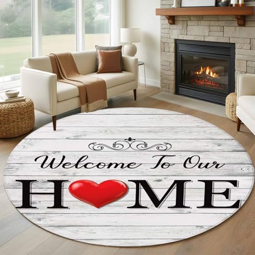 Round Rugs 5ft, White Wood Grain Non-Slip Area Rugs for