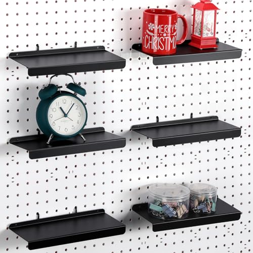 Threehoney 6 Pack Pegboard Shelves Set, 10x4 Inch Metal Shelf Pegboard Steel Tray Wall Mount Accessories Organizing for Craft Retail Home Garage Room Workbench Kitchen Display, Black