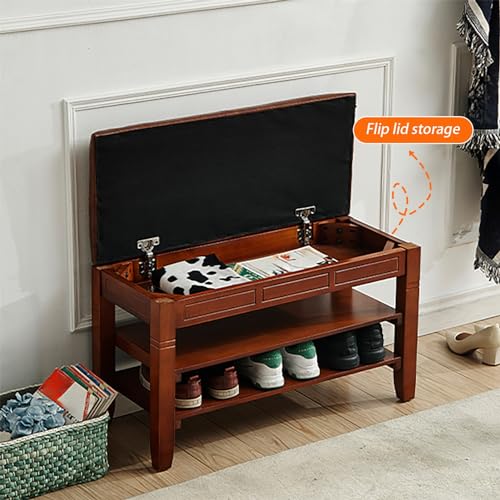 Banc de rangement à chaussures rétro en bois avec coffre relevable et étagères ouvertes - 4