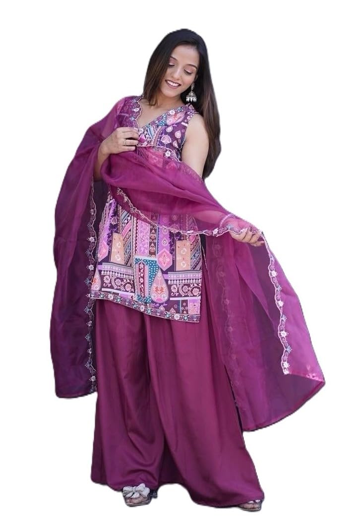 Women Embroidered Kurta Palazzo Set with Dupatta Designer Ethnic Suit Set Sleeveless Kurta with Printed Work Party, Traditional Indian Outfit for Women-image-9