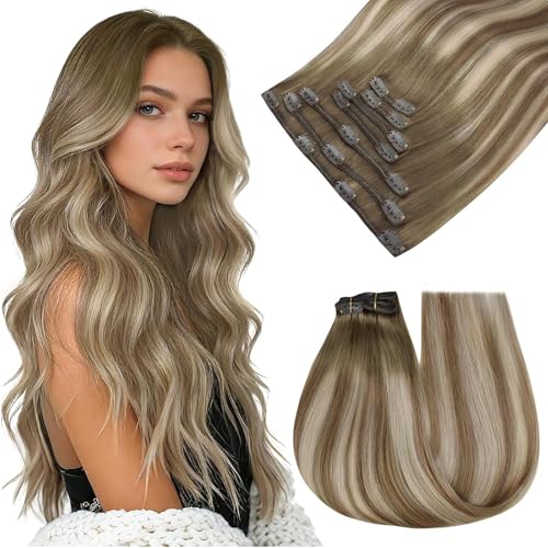 Image of Easyouth Balayage Clip in Hair Extensions Balayage Hair Extensions Clip ins Dark Brown Ombre Light Brown with Blonde Straight Clips in Real Hair Extension Easy of Use 16 In 120G 7Pcs