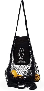 Graf Lantz Tote - Net Mesh Market Tote Bag, 100% Cotton Grocery Bag, Collapsible, Reusable, Washable, Shopping Bag, Black