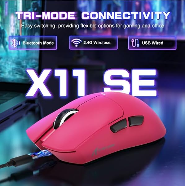 Attack Shark X11SE Ultra-Light Wireless Gaming Mouse, Tri-Mode-2.4G/USB-C Wired/BT, PixArt PAW3311 Gaming Sensor, 22KDPI, 5 Programmable Buttons for Laptop, PC, Mac Gamer (Berry Red) - 1