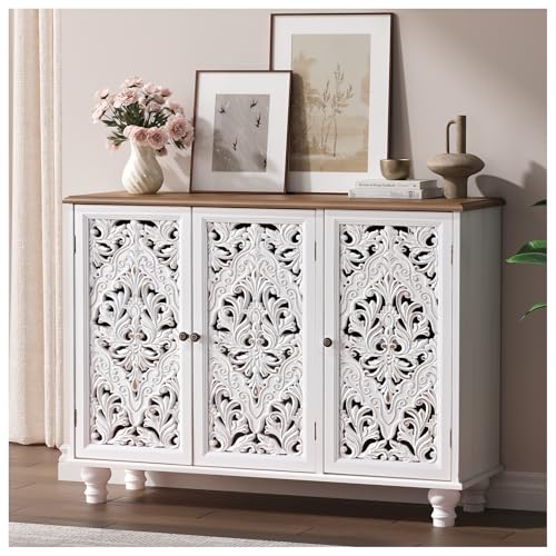Image of Accent Cabinet with 3 Doors, Decorative Storage Cabinet with Adjustable Shelf, Carved Sideboard Buffet with Solid Wood Legs for Living Room, Entryway, Kitchen, Hallway, White