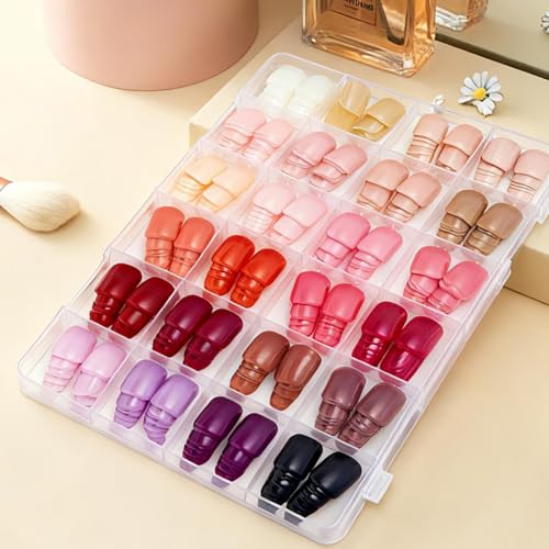 Image of 576Pcs Short Square Press on Nails Solid Color Fake Nails 24 color Wine Red Pink Nude Glossy Full Cover Stick on Nails for Women Manicure