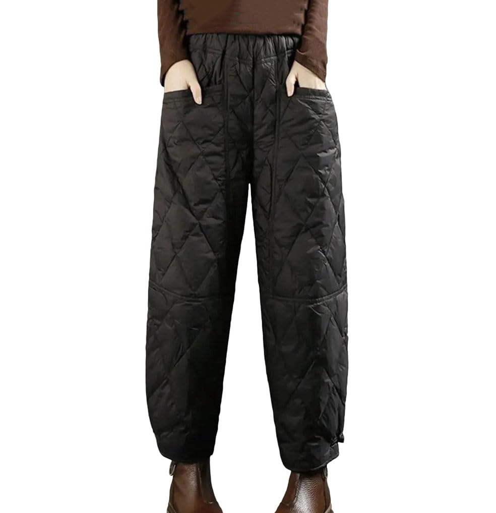Womens Vintage Quilted Pants Winter Warm Cotton-Padded Casual Design with Elastic Waist and Pockets Korean Chic