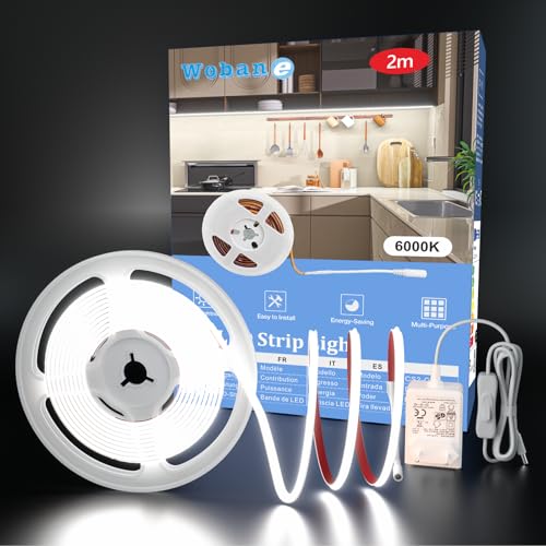 WOBANE Striscia Led COB 2 Metri 12V, Striscia Led Bianco Freddo 6000K, CRI 94+, Strisce Led Adesive con Interruttore e Spina per Cucina Sottopensile,Specchio,Vetrina,Camera da Letto,TV, 640 LEDs
