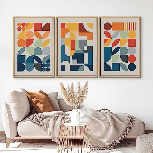 NWT Framed Canvas Print Wall Art Set Mid-Century Modern Colorful Geometric Color Block Abstract Shapes Digital Art Illustrations Modern Art Decorative Minimalist for Bedroom - 24"x36"x3 Natural — view 3