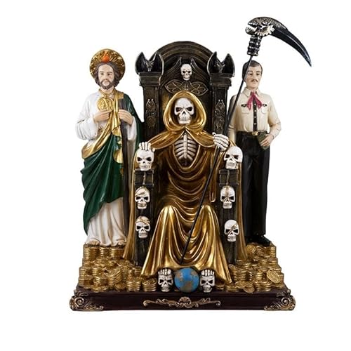Figura Santa Muerte Dorada sentada en Trono con Judas Tadeo y Jesus Malverde 30x17x35 cm.